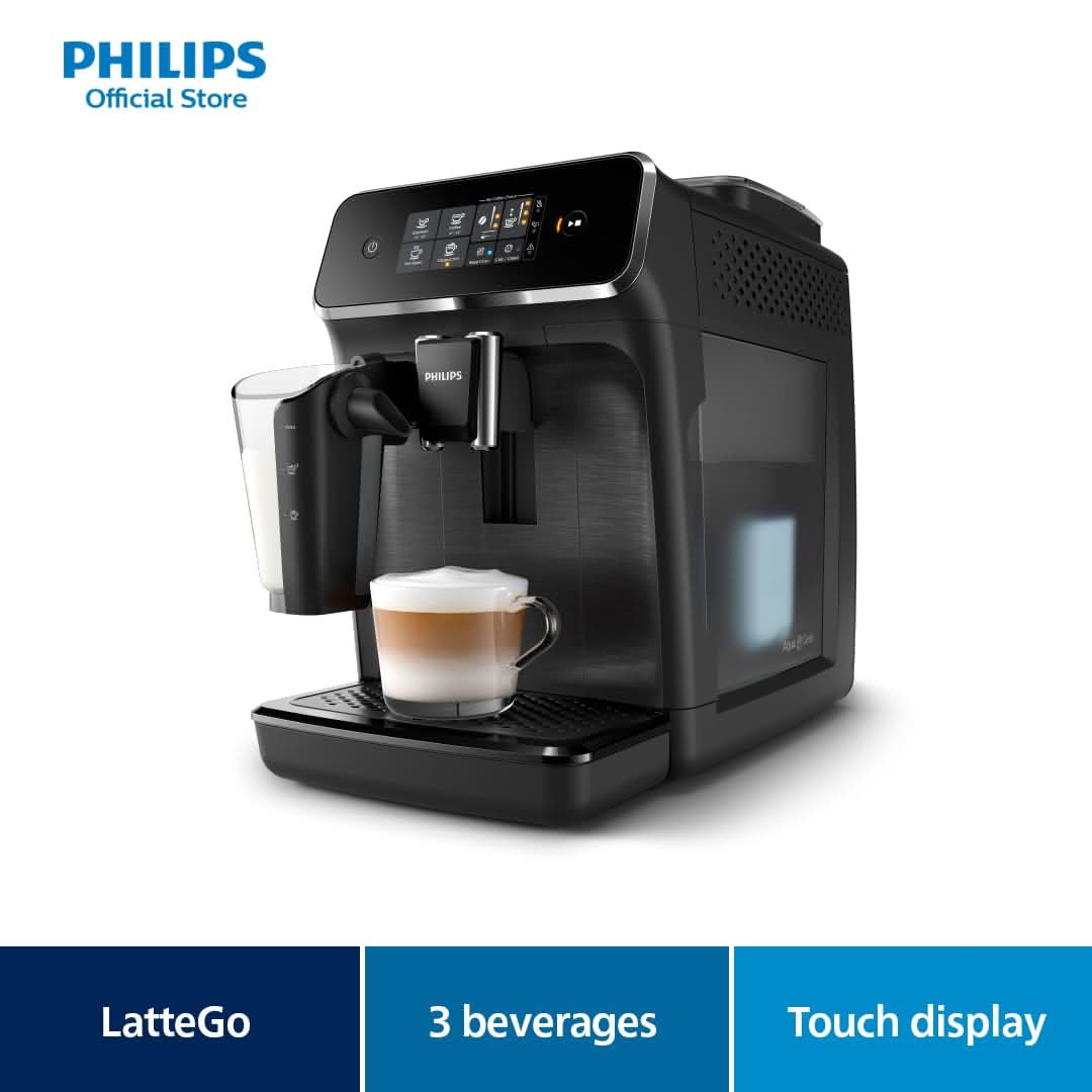 Philips Series 2200 Fully Automatic Espresso Machine with LatteGo, 3 Beverages, Touch Display, Glossy Black (EP2231/40)