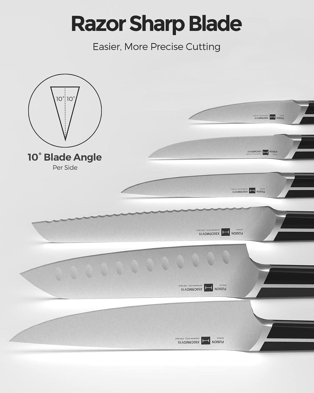 Kitchen Knife Set, 15 PCS Knife Sets for Kitchen with Block, X50CrMoV15 High Carbon German Steel Knife Set with 6X Serrated Steak Knife, Knife Sharpeners, Kitchen Scissors, Heavy.