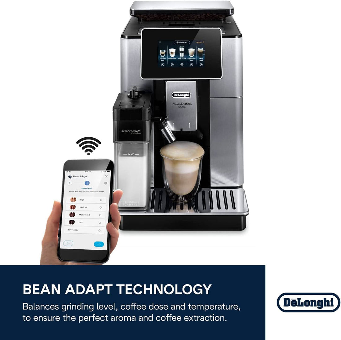 De'Longhi Primadonna Soul, Fully Automatic Coffee Machine, ECAM61075MB, Bean Adapt Technology for Perfect Extraction, LatteCrema System for Creamy Milk-Based Coffees, Wi-Fi Connectivity, Metal Black