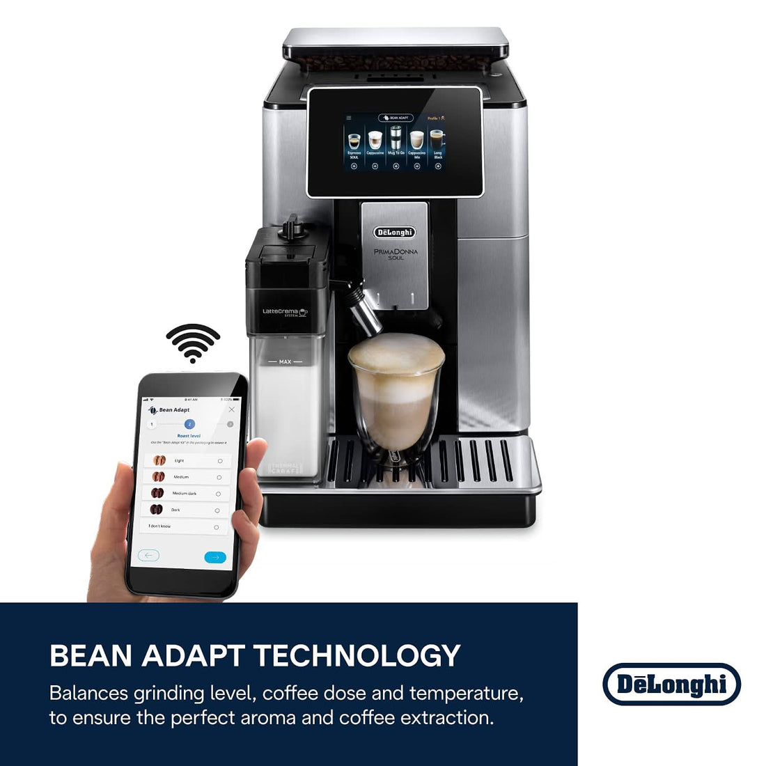 De'Longhi Primadonna Soul, Fully Automatic Coffee Machine, ECAM61075MB, Bean Adapt Technology for Perfect Extraction, LatteCrema System for Creamy Milk-Based Coffees, Wi-Fi Connectivity, Metal Black