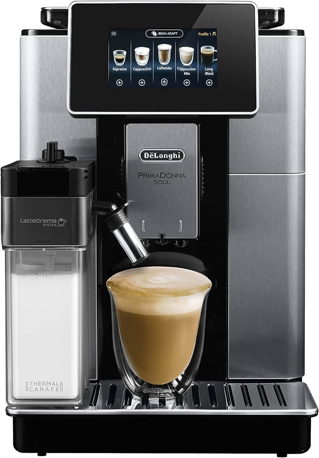 De'Longhi Primadonna Soul, Fully Automatic Coffee Machine, ECAM61075MB, Bean Adapt Technology for Perfect Extraction, LatteCrema System for Creamy Milk-Based Coffees, Wi-Fi Connectivity, Metal Black