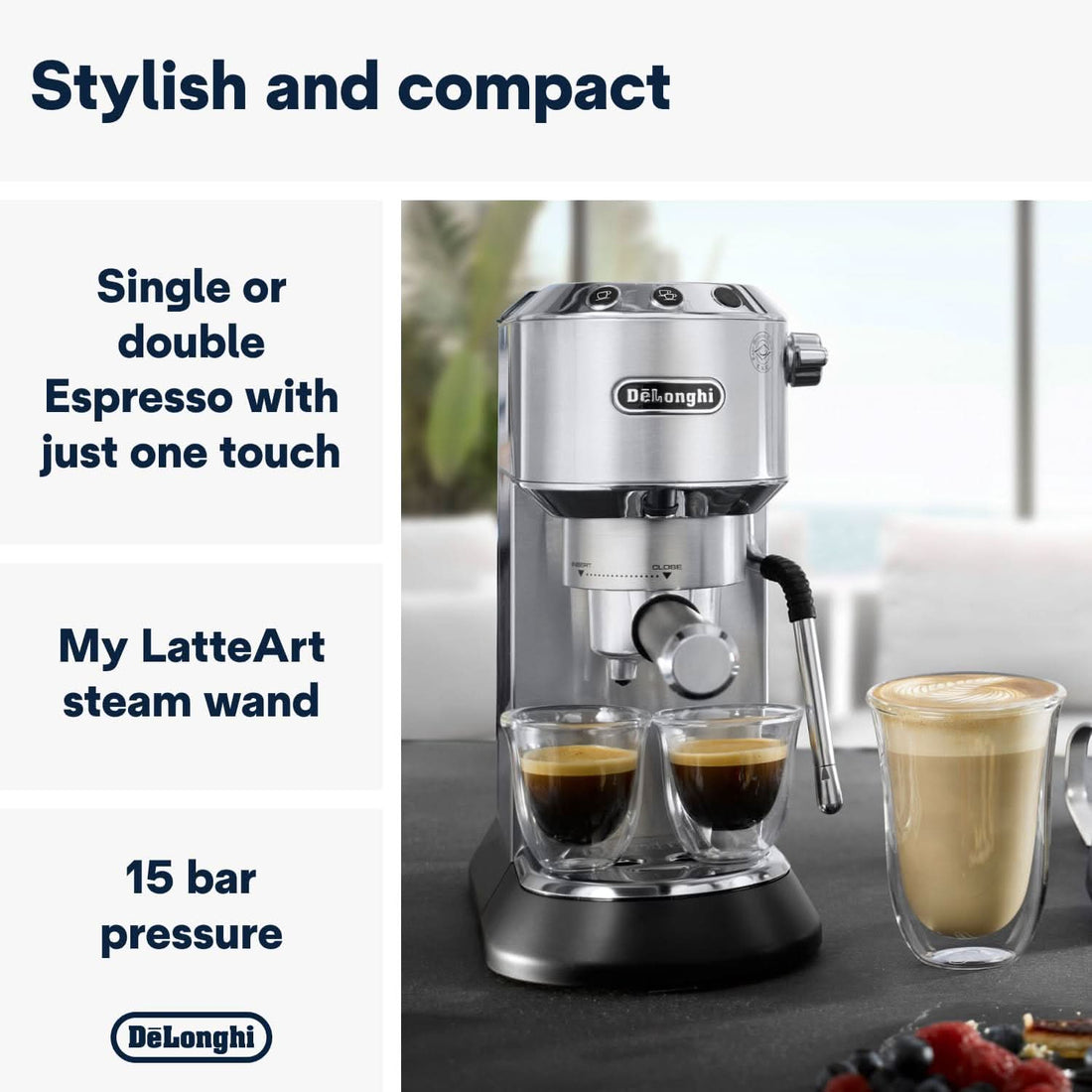 De'Longhi Dedica Arte, Traditional Barista Pump Espresso Machine, Manual Coffee Machine, Compact Design 15 cm wide, Fits Coffee Mug, Metal, EC885.M