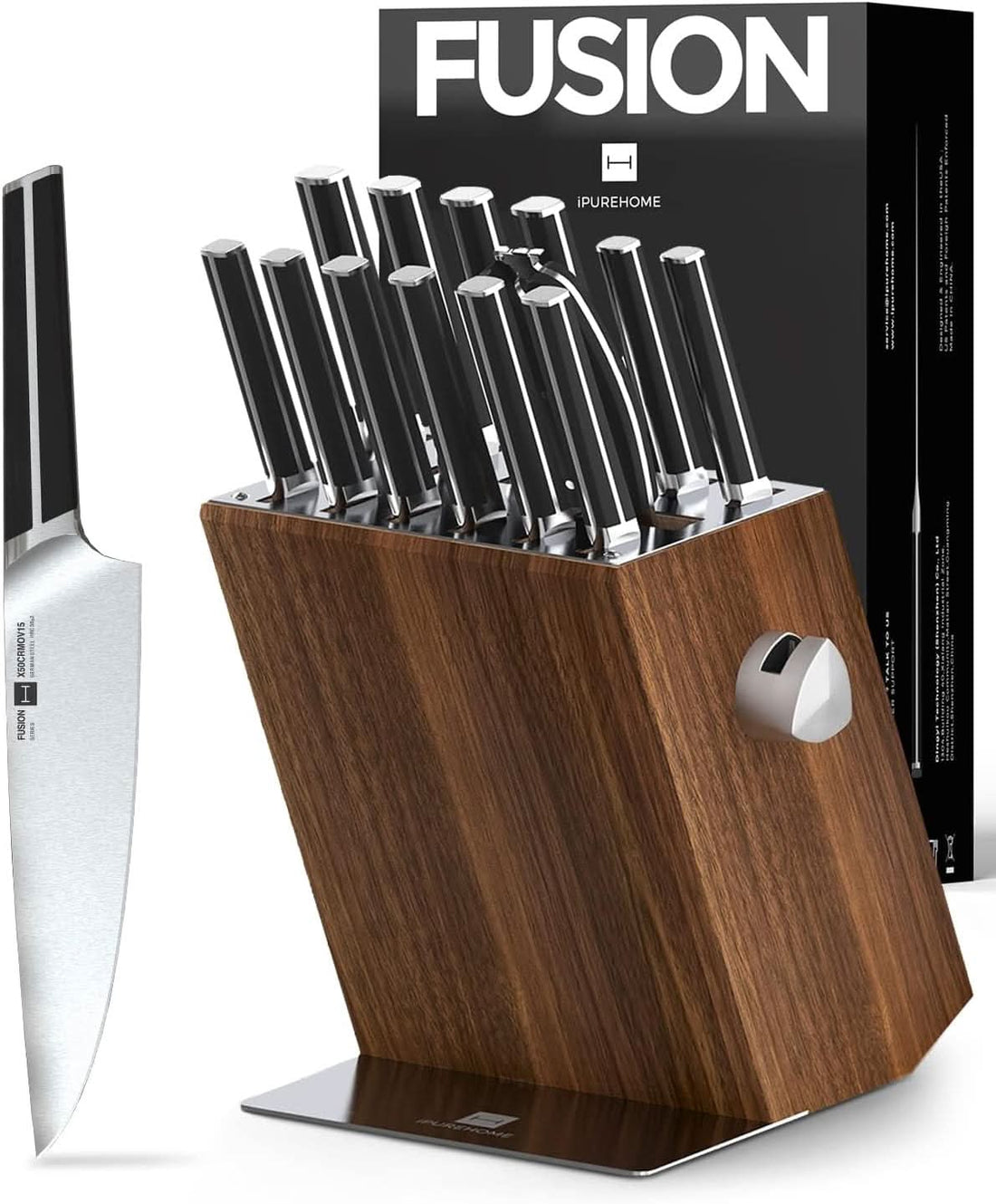 Kitchen Knife Set, 15 PCS Knife Sets for Kitchen with Block, X50CrMoV15 High Carbon German Steel Knife Set with 6X Serrated Steak Knife, Knife Sharpeners, Kitchen Scissors, Heavy.