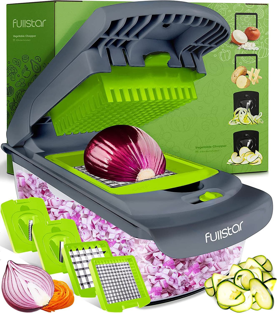 Fullstar Vegetable Chopper - Spiralizer Vegetable Slicer - Onion Chopper with Container - Pro Food Chopper - Slicer Dicer Cutter - (4 in 1, White)