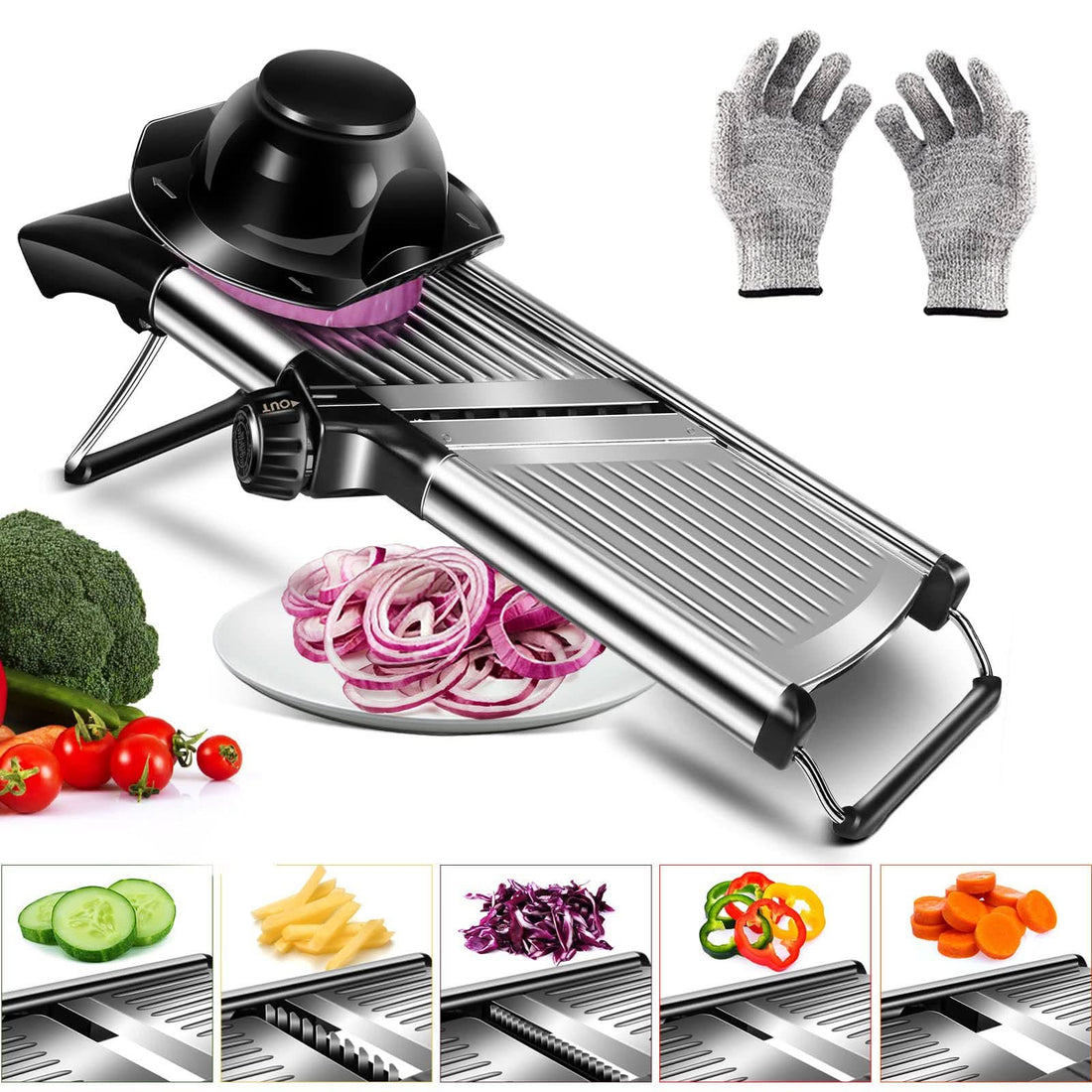 Adjustable Mandoline Food Slicer Vegetable Slicer Fruit Cutter Stainless Steel Kitchen Julienne Slicer for Kitchen Waffle Fry Cut Potato Chip Vegetable Onion Cheese French Fry