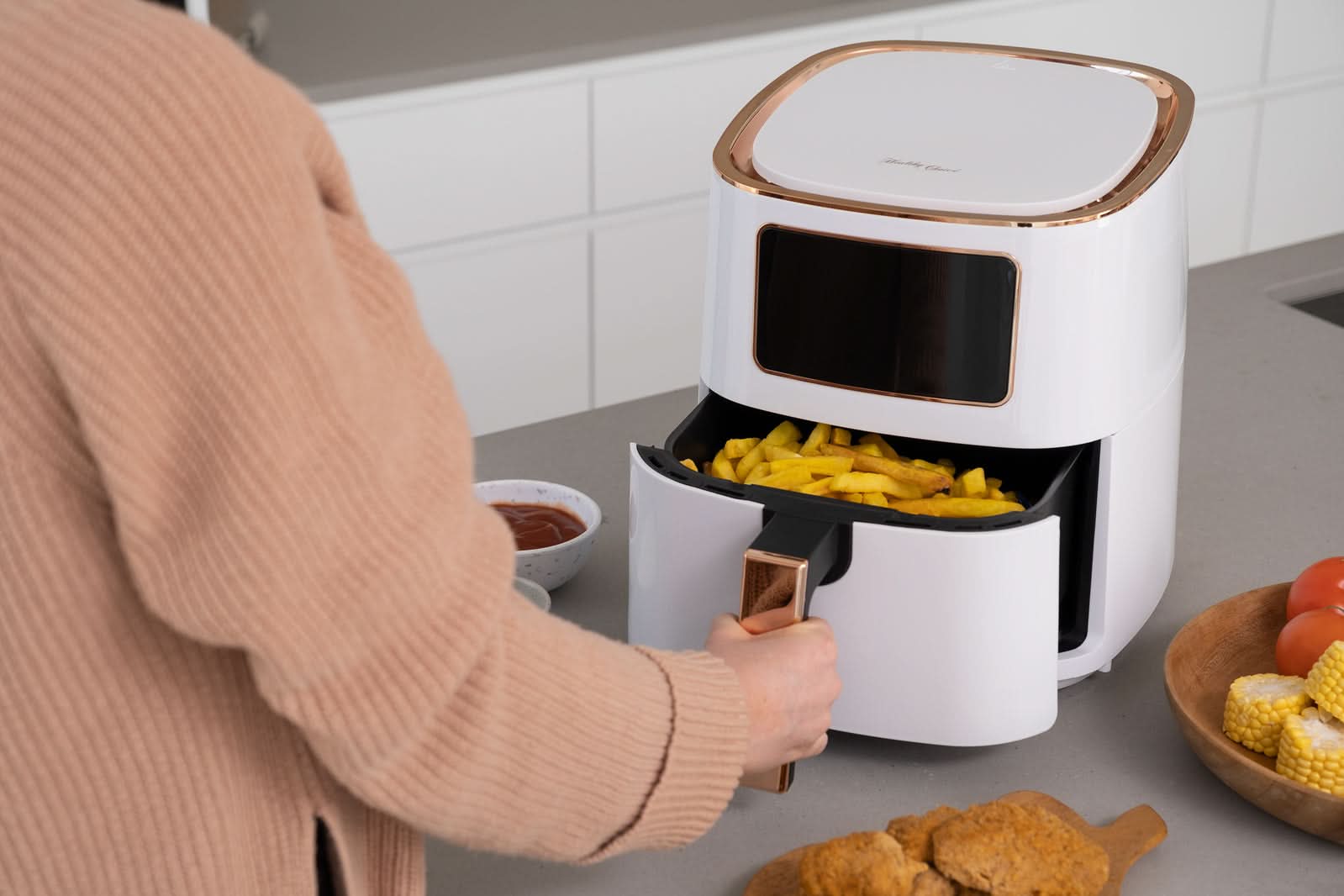 7L Digital Air Fryer White Rose Gold 1700W 200 C 8 Cooking Set Modern Kitchen Cove