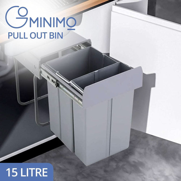 GOMINIMO 2x15L Kitchen Twin Pull Out Bin (Grey) GO-POB-100-SDRS