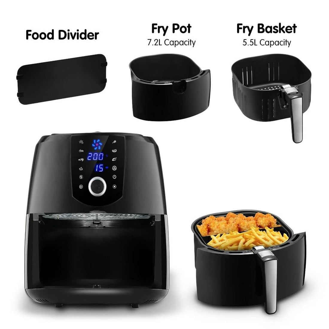 7.2l Electric Air Fryer - 1800w Healthy Cooker For Oil-free Low-fat Cooking Kitchen Bench-top Oven Oil Free Low Fat - Black