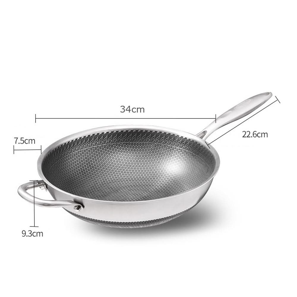 304 Stainless Steel 32cm Non-Stick Stir Fry Cooking Kitchen Wok Pan with Lid Honeycomb Double Sided