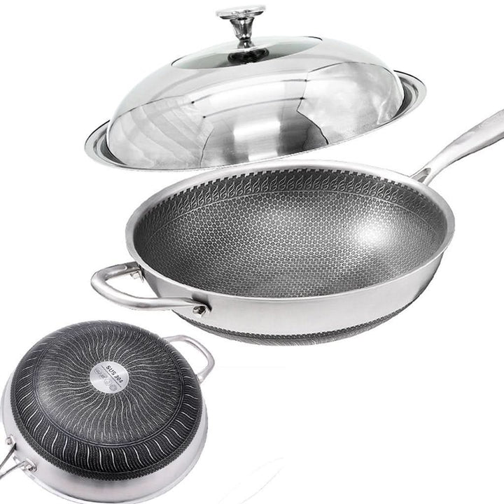 34cm 304 Stainless Steel Non-Stick Stir Fry Cooking Kitchen Honeycomb Wok Pan with Lid