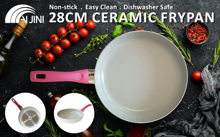 Jiniart Wok Wokpan 28cm Non-Stick Ceramic Induction Ergonomic Round WHITE