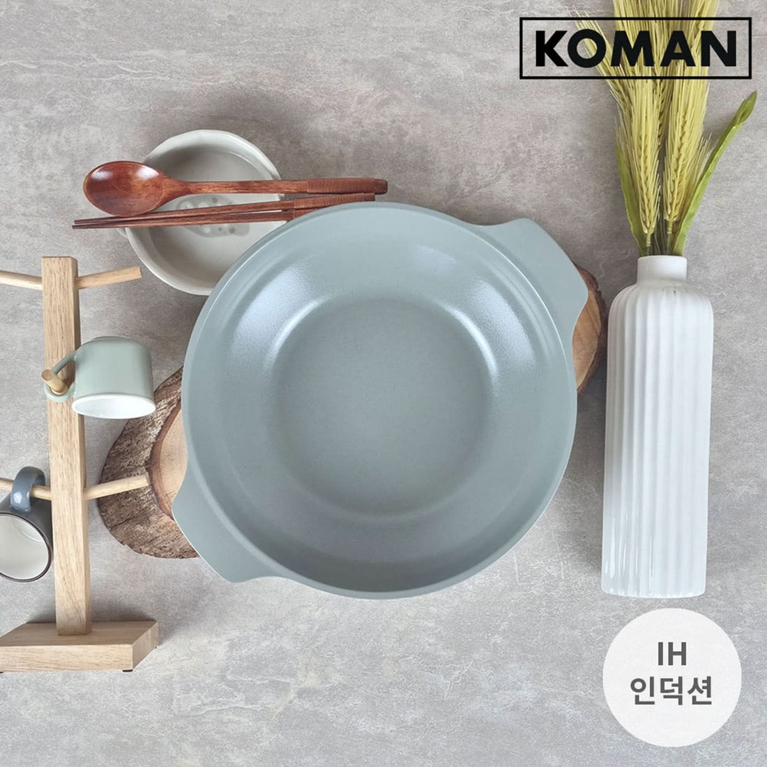 KOMAN Shinewon Vinch IH Two Hands Wok + Glass Lid 28cm Ceramic Non-stick Titanium GREY