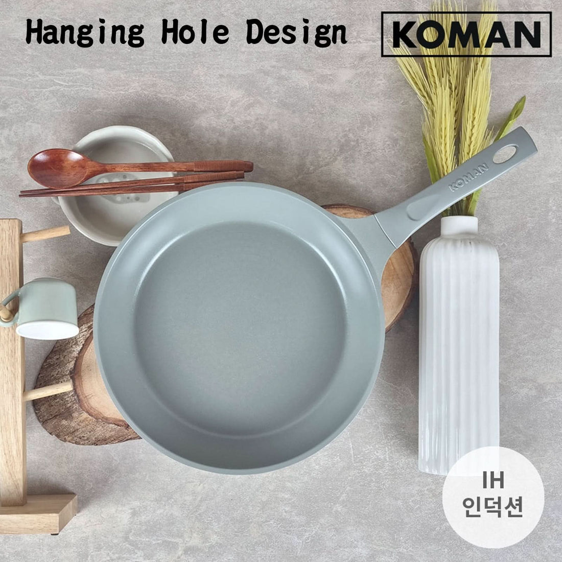 KOMAN Shinewon Vinch IH Frypan Frying Pan 28cm Non-stick Induction Ceramic + Glass Lid GREY